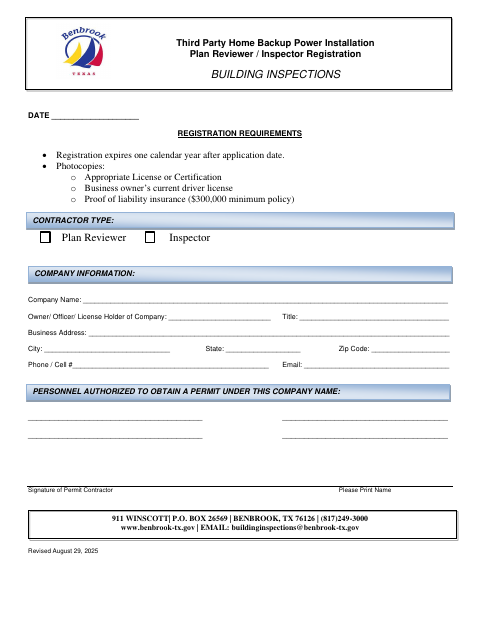 First page of the Third Party Home Backup Power Installation Plan Reviewer / Inspector Registration