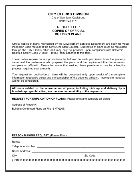First page of the Request for Copies of Official Building Plans