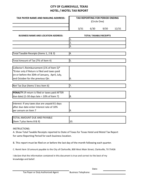 First page of the Hotel / Motel Tax Report