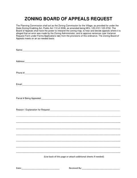 First page of the Zoning Board of Appeals Request