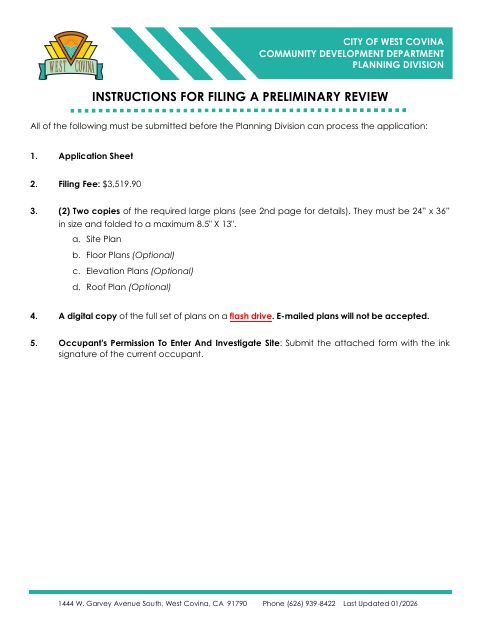 First page of the Preliminary Review Application
