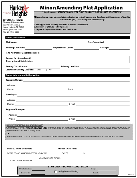 First page of the Minor or Amending Plat Application