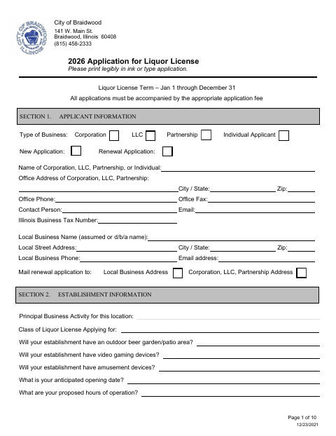 First page of the Liquor License Application