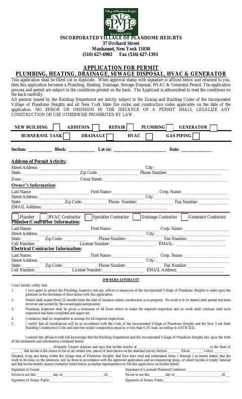 First page of the Application for a Plumbing Permit