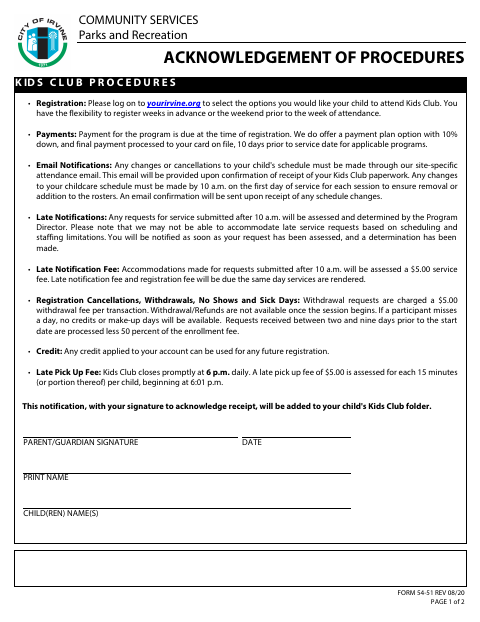 First page of the Acknowledgement of Procedures