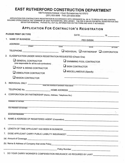 First page of the Contractor Registration Application