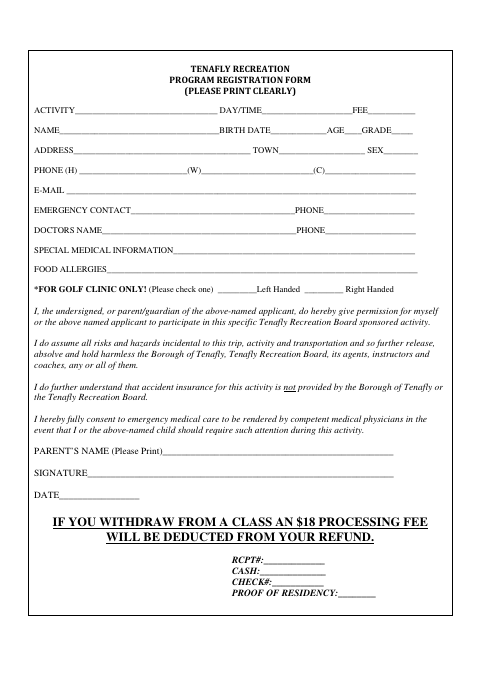 First page of the Recreation Program Registration Form