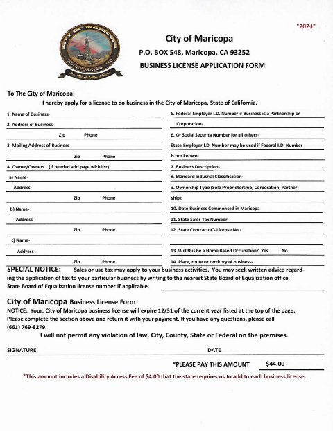 First page of the Business License Application Form