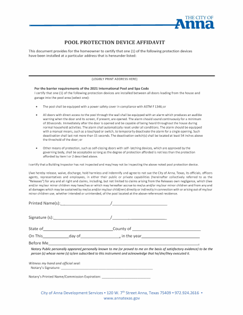 First page of the Pool Protection Device Affidavit