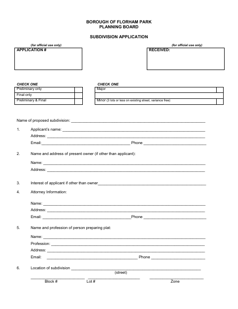 First page of the Subdivision Application