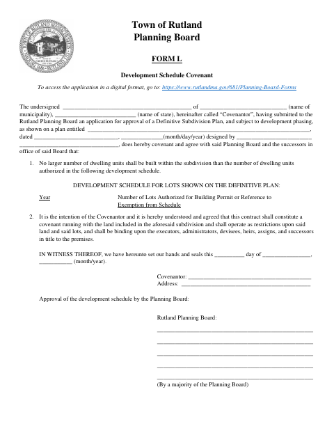 First page of the Development Schedule Covenant
