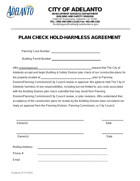 First page of the Plan Check Hold-Harmless Agreement