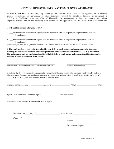 First page of the Private Employer Affidavit
