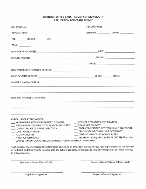 First page of the Crane Permit Application