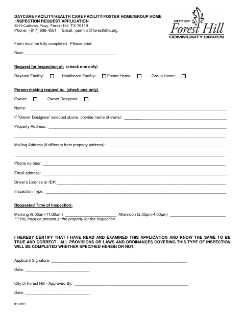 First page of the Daycare, Health Care, Foster Home, or Group Home Inspection Request Application