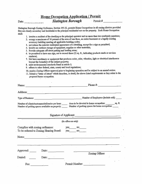 First page of the Home Occupation Application Permit