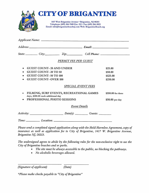 First page of the Special Event Application