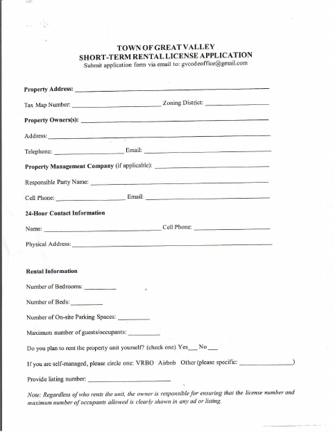 First page of the Short-Term Rental License Application