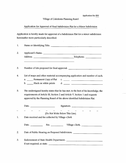 First page of the Minor Subdivision Application