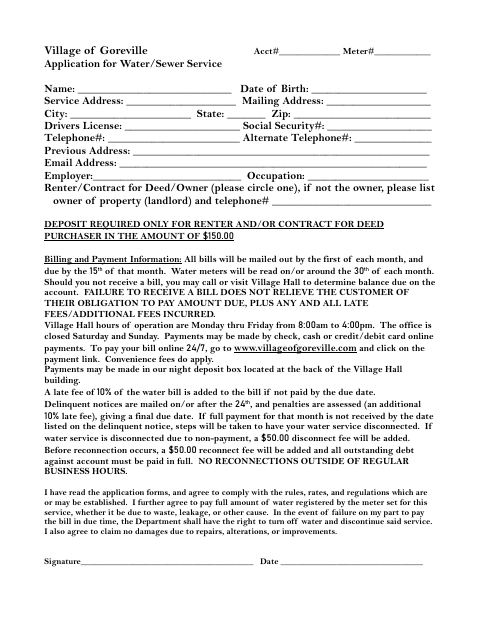 First page of the Water/Sewer Service Application