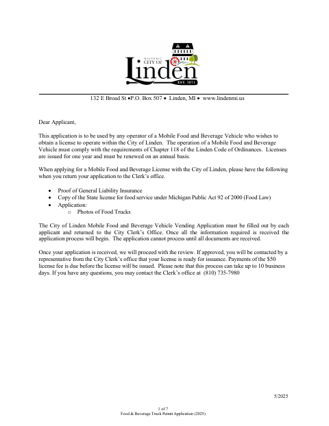 First page of the Application for Annual Mobile Food and Beverage Vehicle Vending License