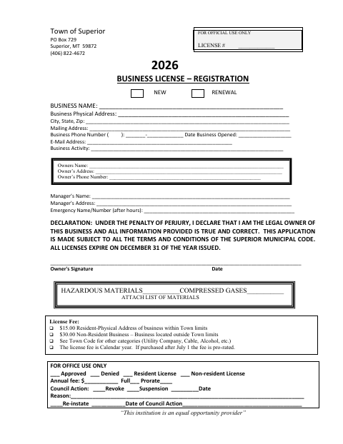 First page of the 2026 Business License Registration