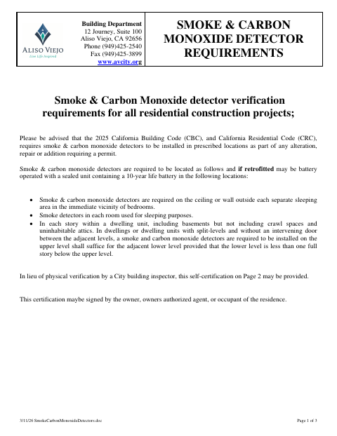 First page of the Smoke & Carbon Monoxide Detector Requirements