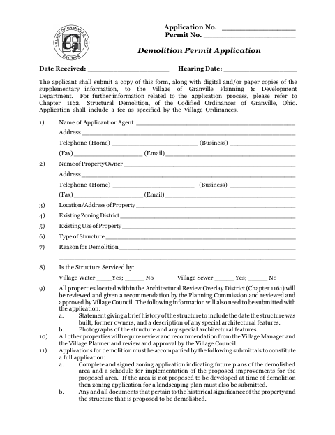 First page of the Demolition Permit Application