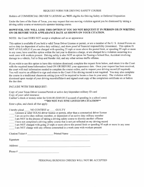 First page of the Driving Safety Course Request Form
