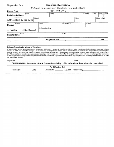 First page of the Recreation Program Registration Form