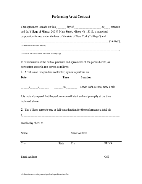 First page of the Performing Artist Contract
