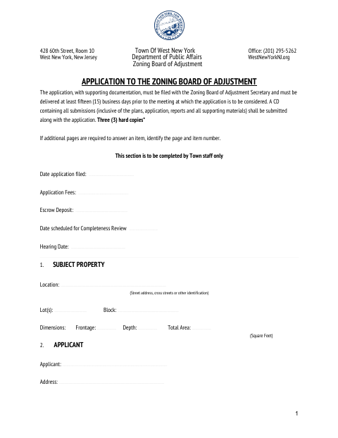 First page of the Zoning Board of Adjustment Application