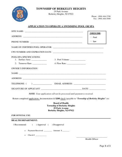 First page of the Application to Operate a Swimming Pool or Spa