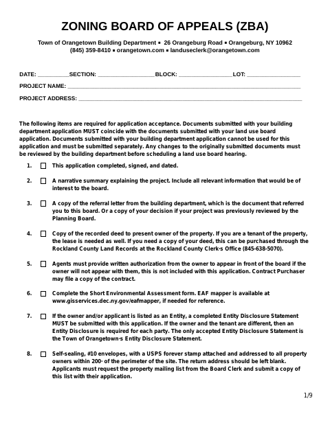 First page of the Zoning Board Of Appeals Application