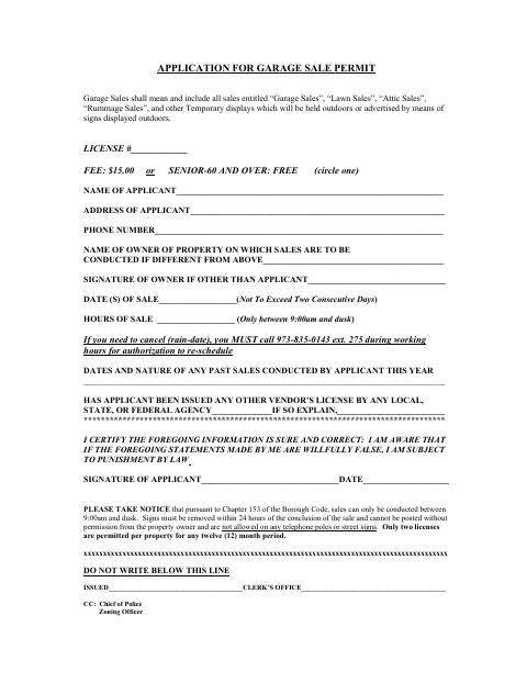 First page of the Application for Garage Sale Permit