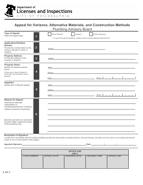 First page of the Plumbing Advisory Board Appeal Form