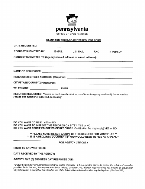 First page of the Right-to-Know Request Form