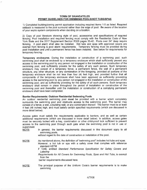First page of the Swimming Pool Permit Application