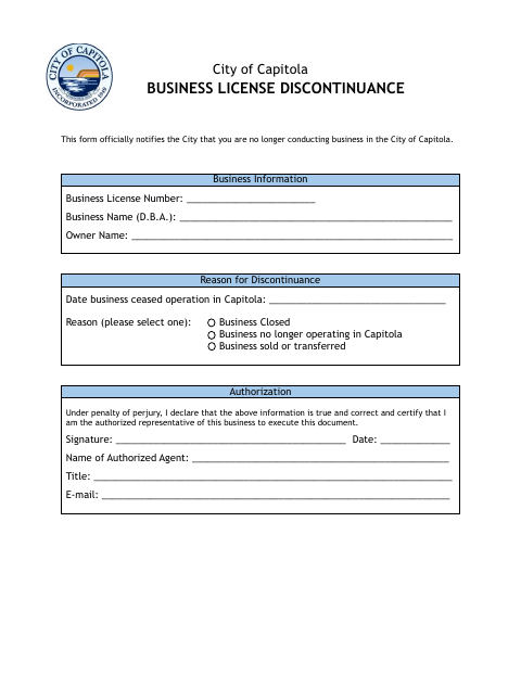 First page of the Business License Discontinuance