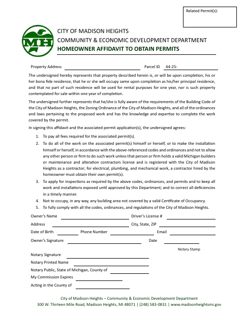 First page of the Homeowner Affidavit to Obtain Permits