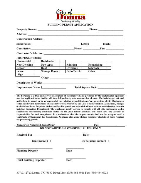 First page of the Building Permit Application