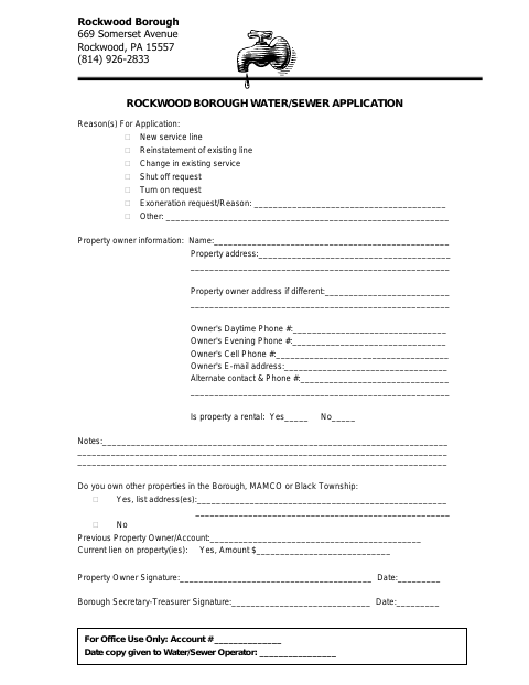 First page of the Water/Sewer Application