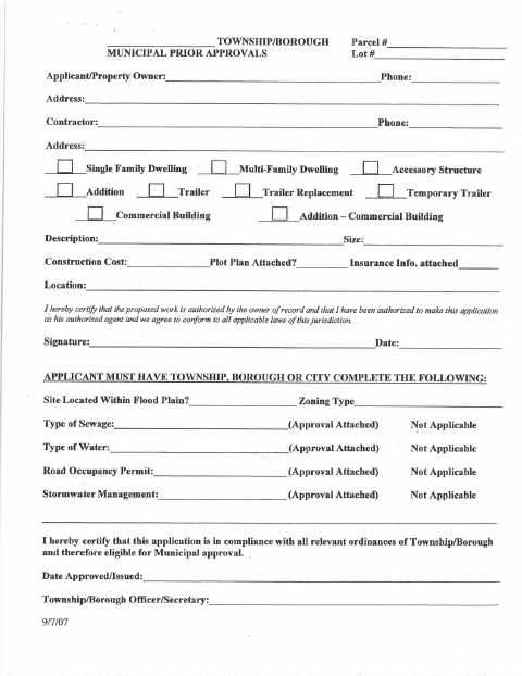 First page of the Municipal Prior Approval Form