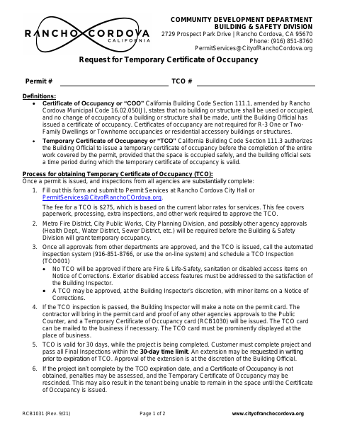 First page of the Request for Temporary Certificate of Occupancy