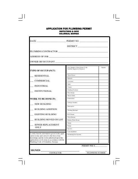 First page of the Application for Plumbing Permit