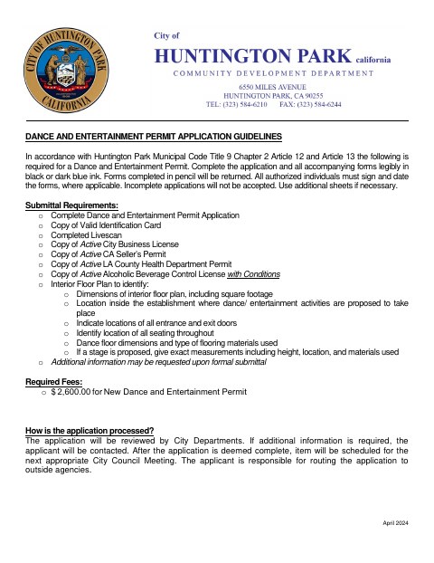 First page of the Dance and Entertainment Permit Application