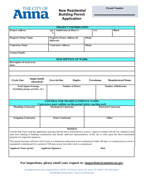 First page of the New Residential Building Permit Application