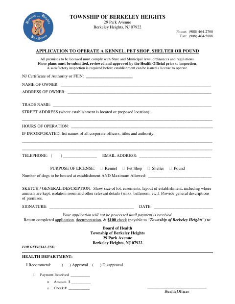 First page of the Application to Operate a Kennel, Pet Shop, Shelter or Pound
