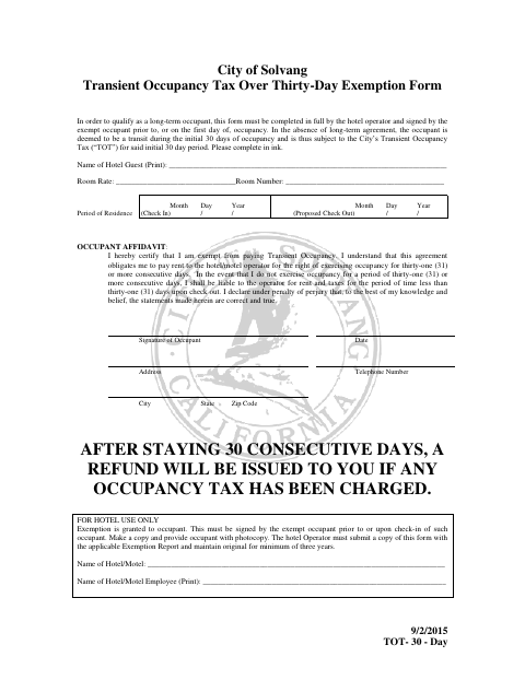 First page of the Over Thirty-Day Exemption Form