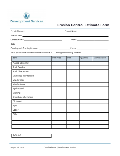 First page of the Erosion Control Estimate Form